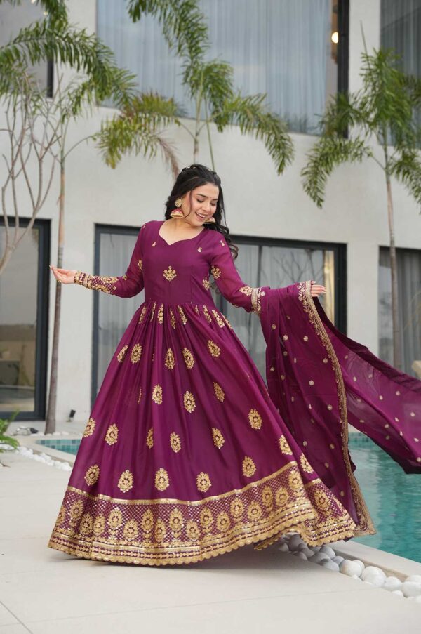 Regal Wine Embroidered Gown with Dupatta – Pure Ethnic Elegance