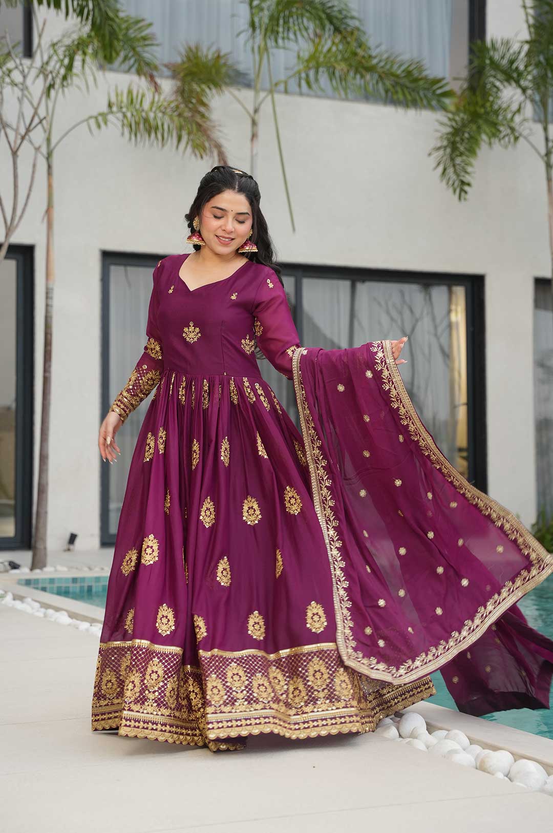 Regal Wine Embroidered Gown with Dupatta – Pure Ethnic Elegance