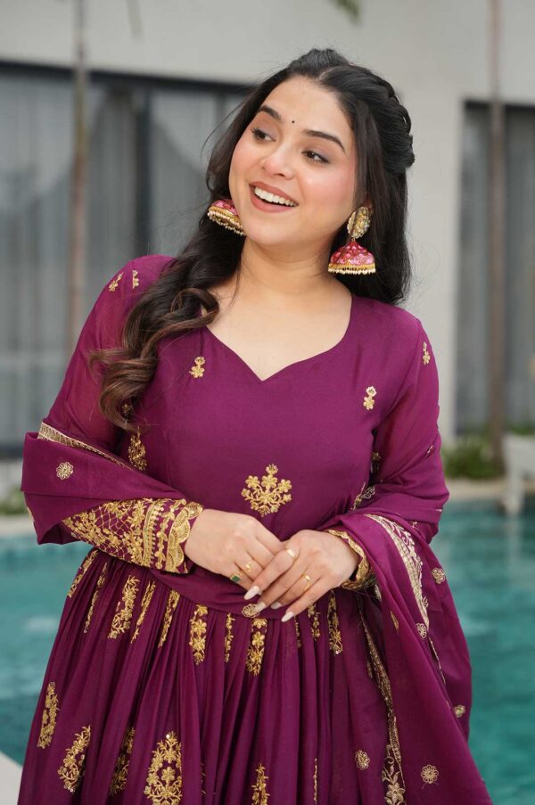 Regal Wine Embroidered Gown with Dupatta – Pure Ethnic Elegance