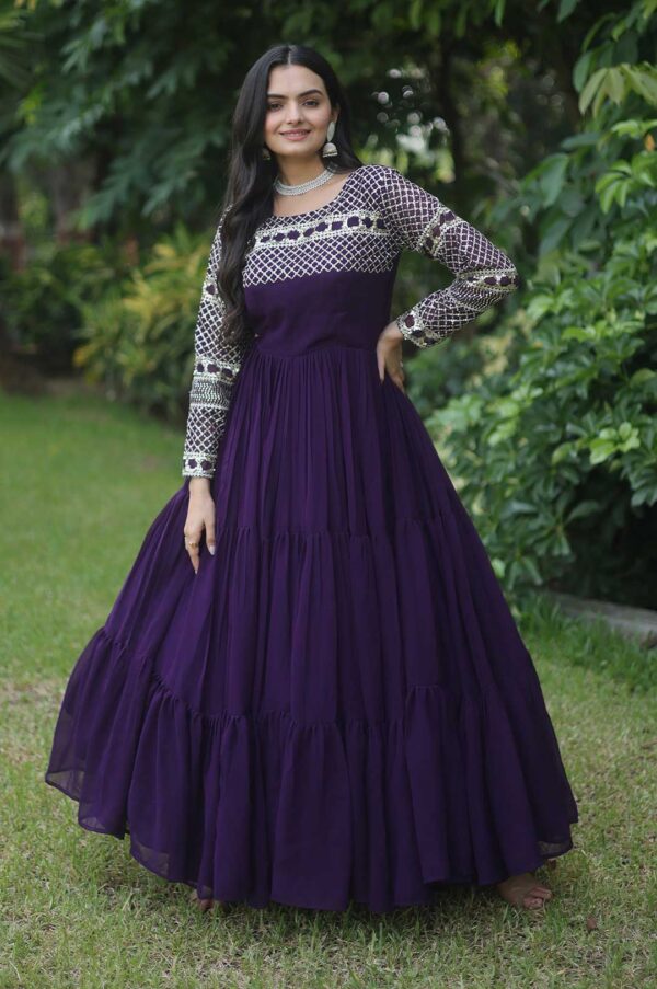 Regal Wine Purple Zari-Embroidered Tiered Gown
