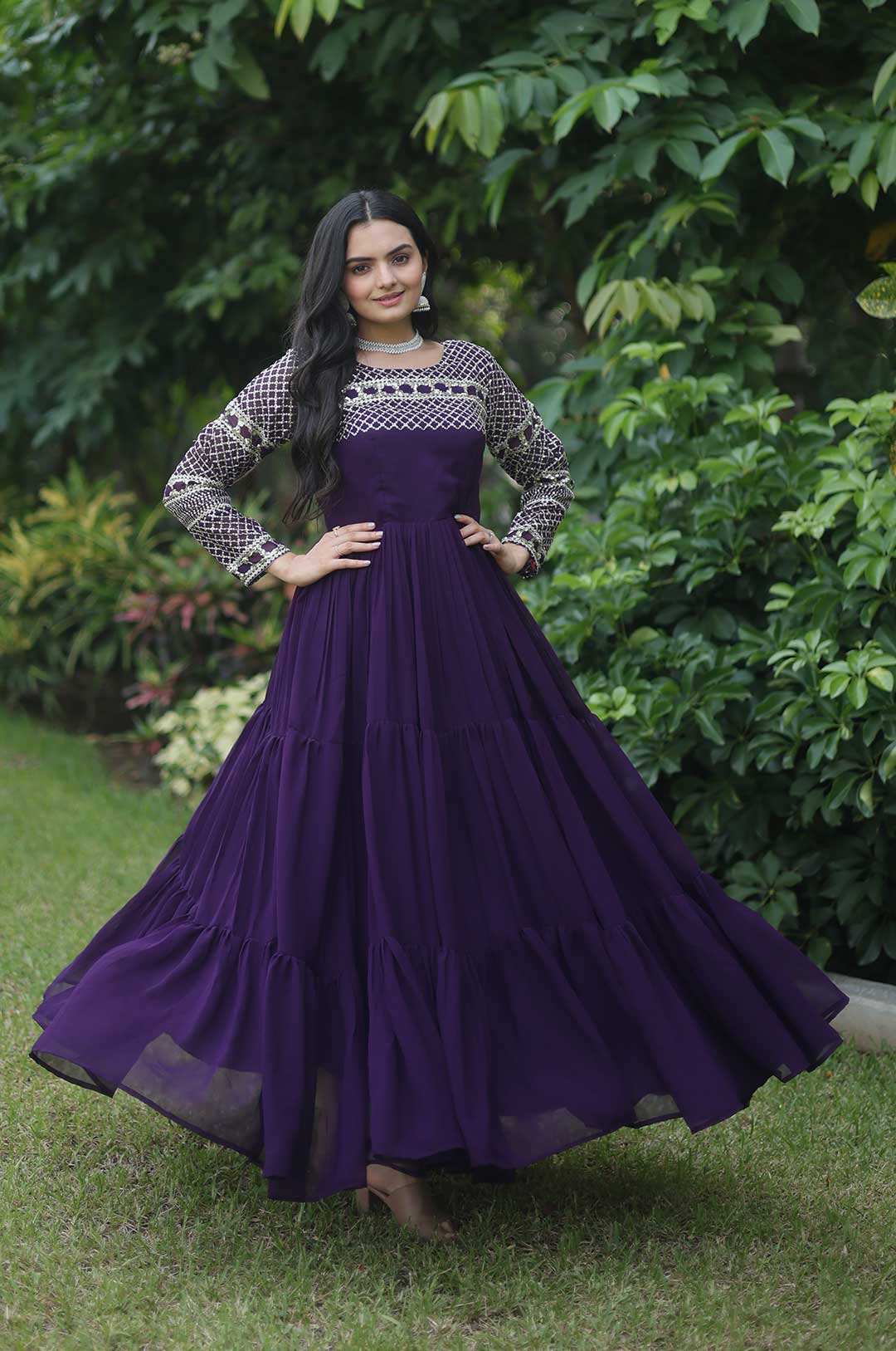 Regal Wine Purple Zari-Embroidered Tiered Gown