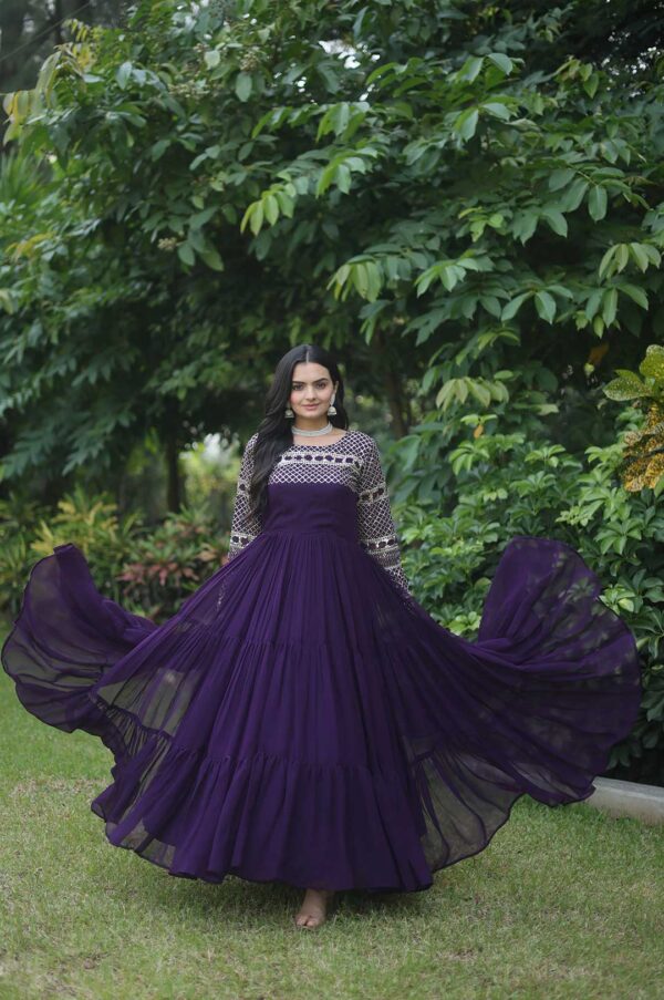 Regal Wine Purple Zari-Embroidered Tiered Gown
