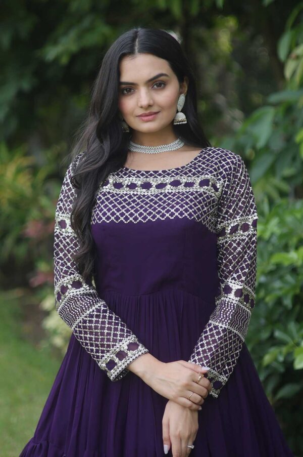 Regal Wine Purple Zari-Embroidered Tiered Gown