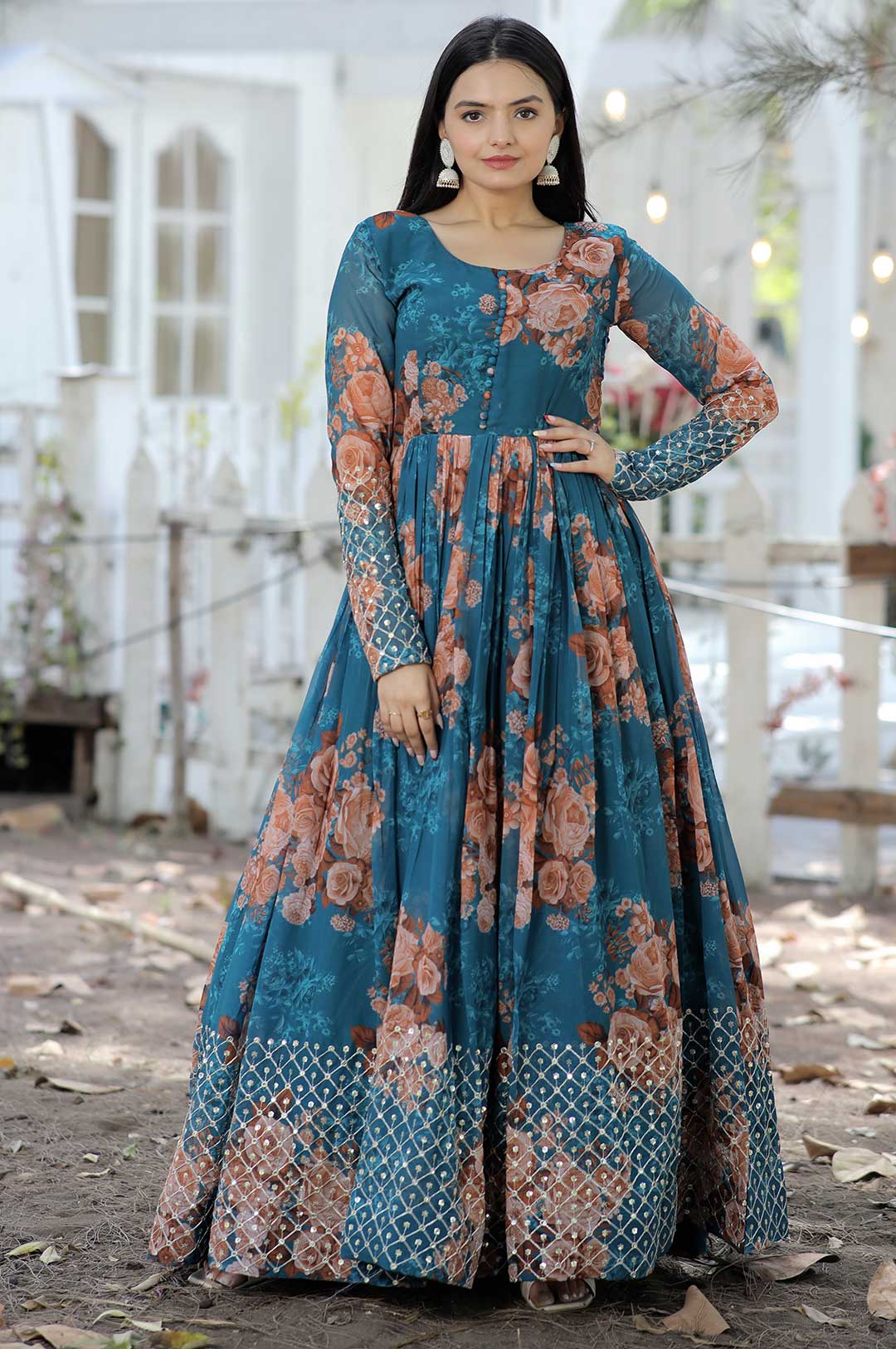 Royal Bloom – Rama Blue Floral Embroidered Gown