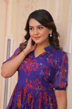 Royal-Blue-Printed-Georgette-Gown-with-Fancy-V-Neck-Collar
