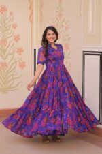 Royal-Blue-Printed-Georgette-Gown-with-Fancy-V-Neck-Collar-2