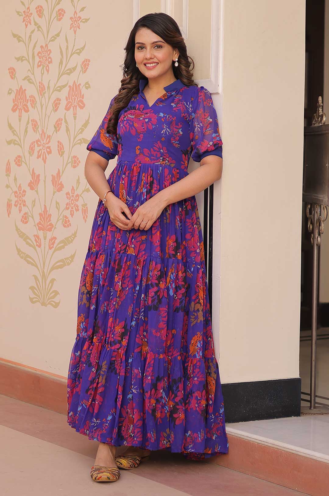 Royal Blue Printed Georgette Gown with Fancy V-Neck Collar
