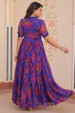 Royal-Blue-Printed-Georgette-Gown-with-Fancy-V-Neck-Collar-4
