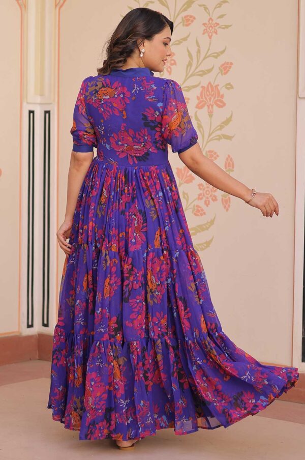 Royal Blue Printed Georgette Gown with Fancy V-Neck Collar