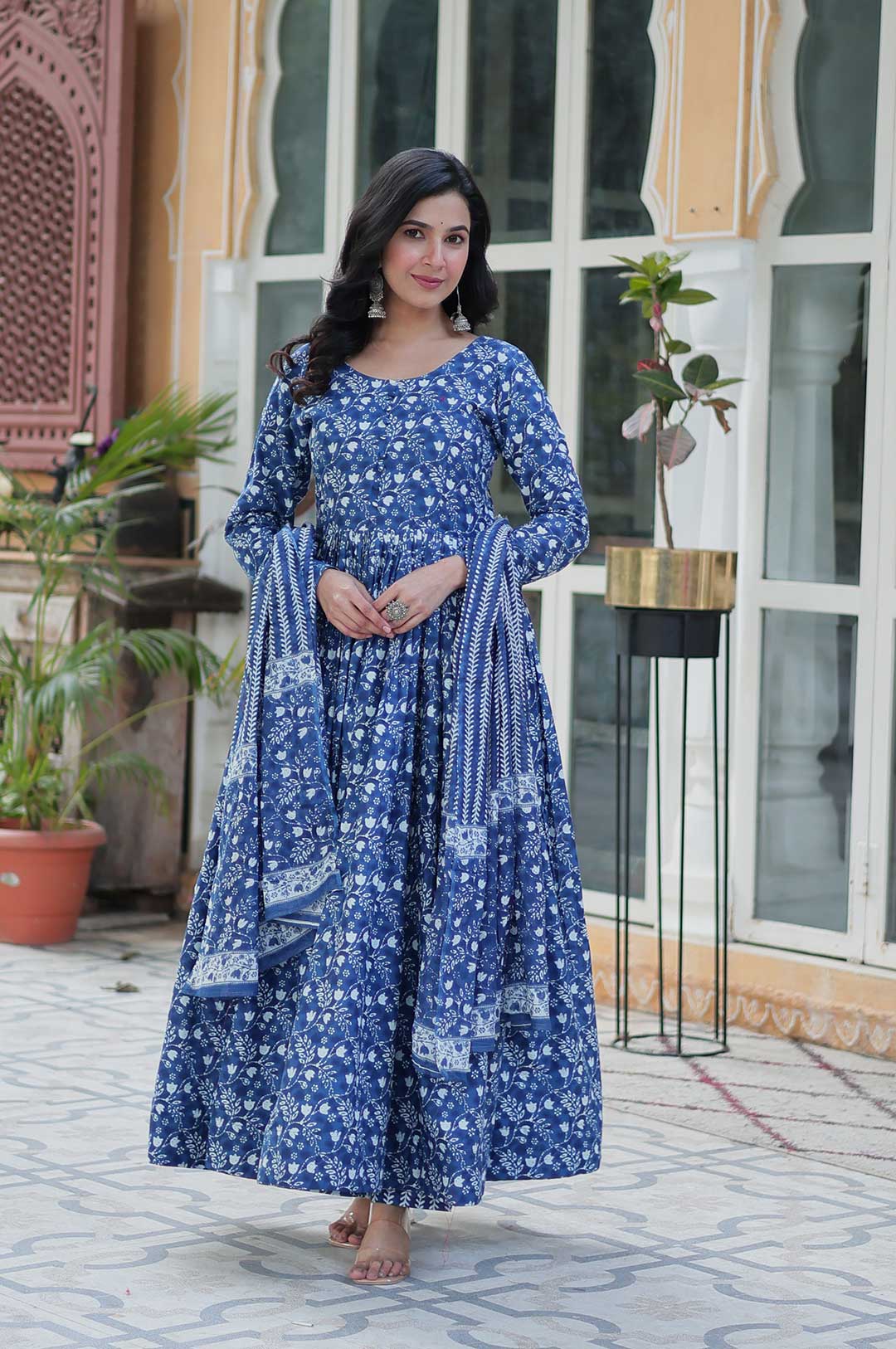 Royal Blue Pure Cotton Anarkali Set with Printed Dupatta – Refreshing Ethnic Grace