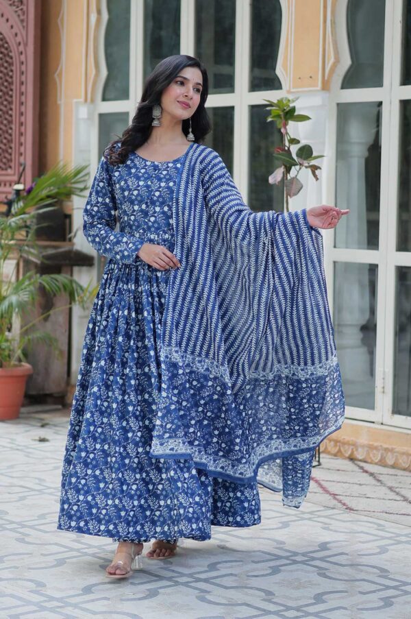 Royal Blue Pure Cotton Anarkali Set with Printed Dupatta – Refreshing Ethnic Grace