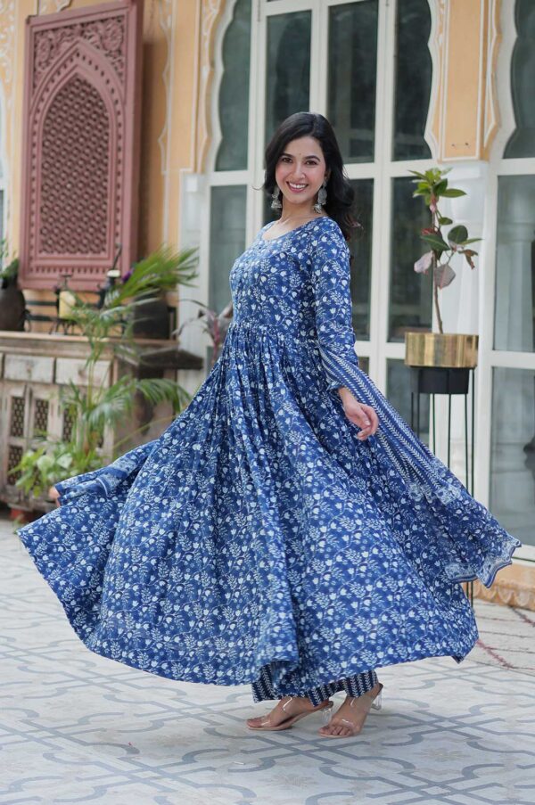 Royal Blue Pure Cotton Anarkali Set with Printed Dupatta – Refreshing Ethnic Grace