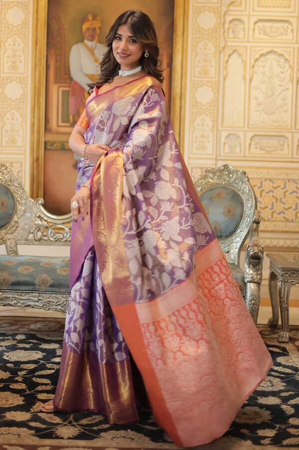 Royal Grace – Kanjivaram Silk Zari Weaving Purple Brocade Saree with Floral Design