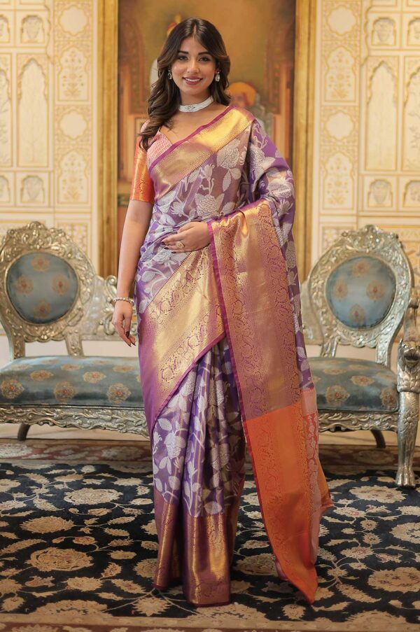 Royal Grace – Kanjivaram Silk Zari Weaving Purple Brocade Saree with Floral Design