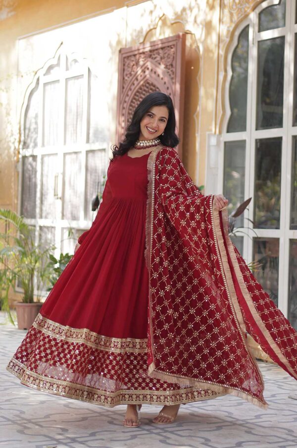 Royal Maroon Embroidered Gown with Dupatta – Glamour Meets Grace