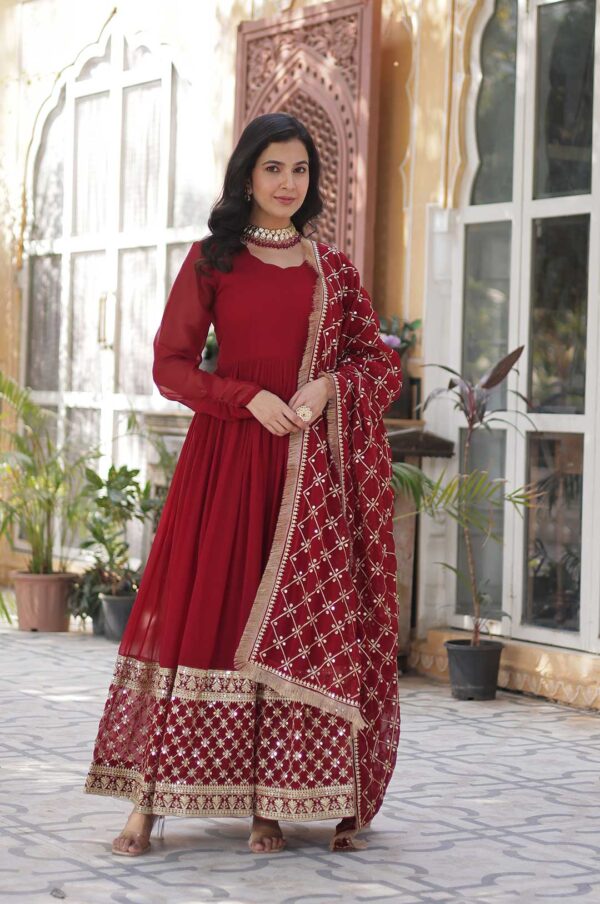 Royal Maroon Embroidered Gown with Dupatta – Glamour Meets Grace