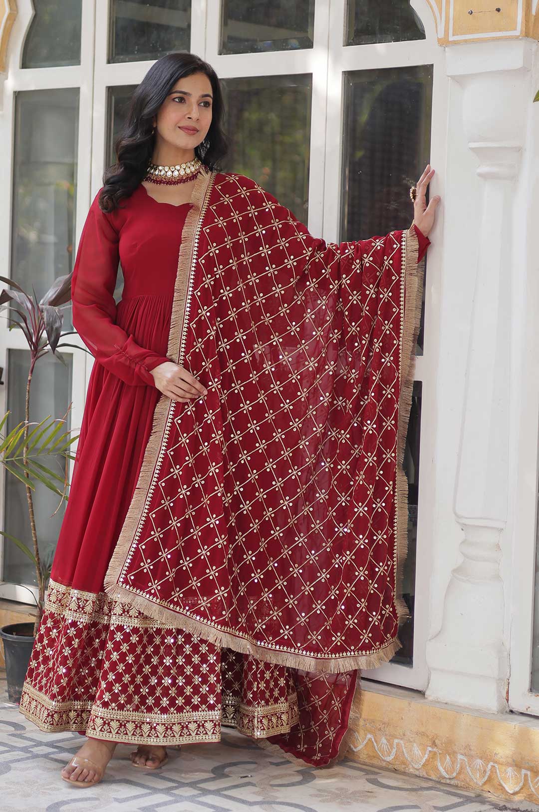 Royal Maroon Embroidered Gown with Dupatta – Glamour Meets Grace