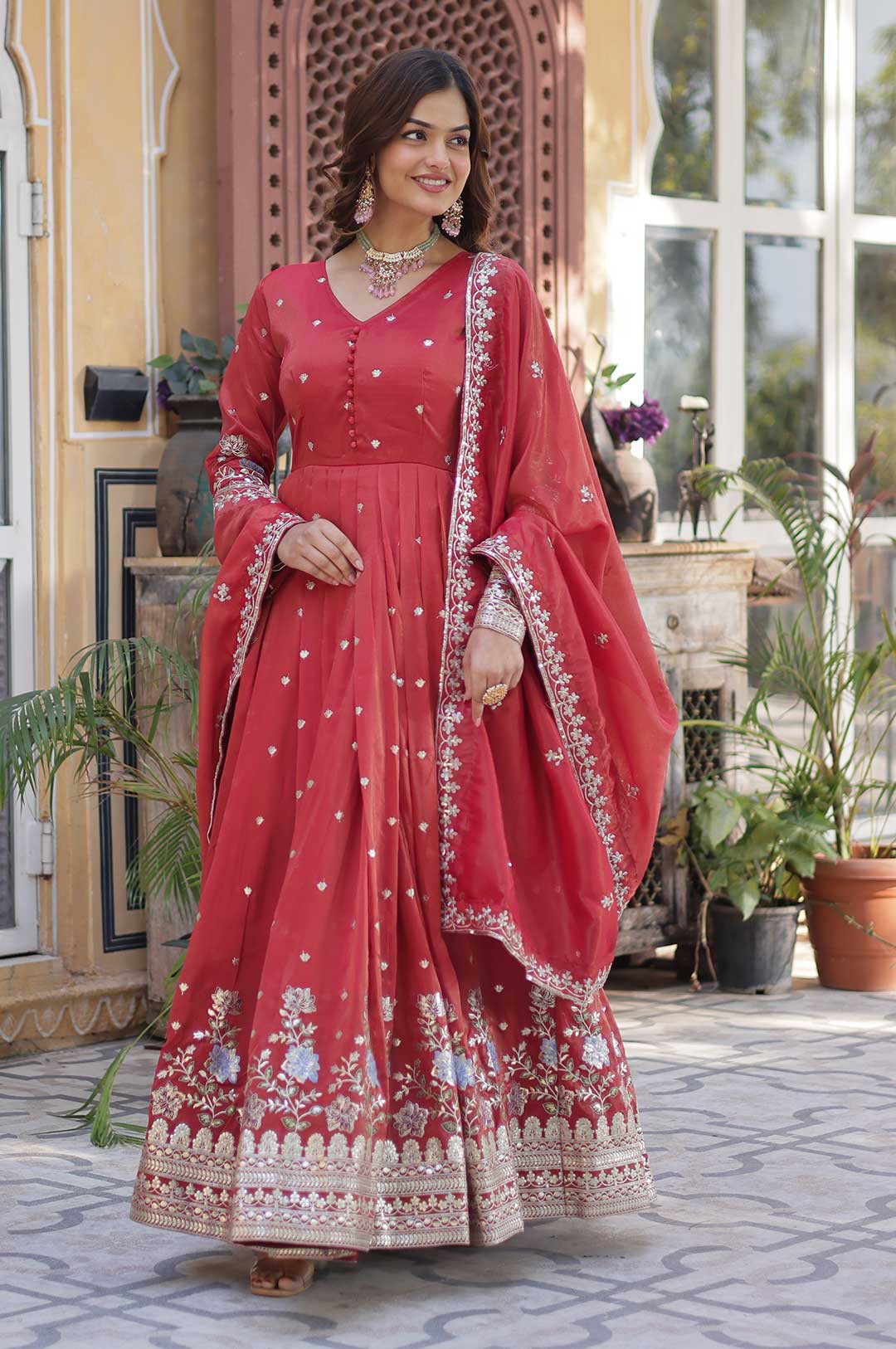 Royal-Orange-Embroidered-Anarkali-Gown-With-Dupatta