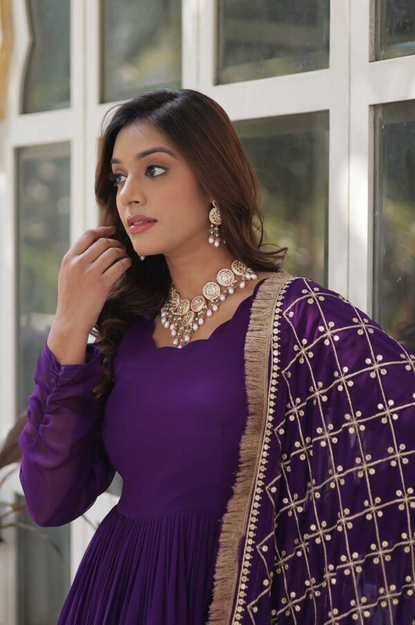 Royal Purple Zari Embroidered Gown with Dupatta – Timeless Glamour