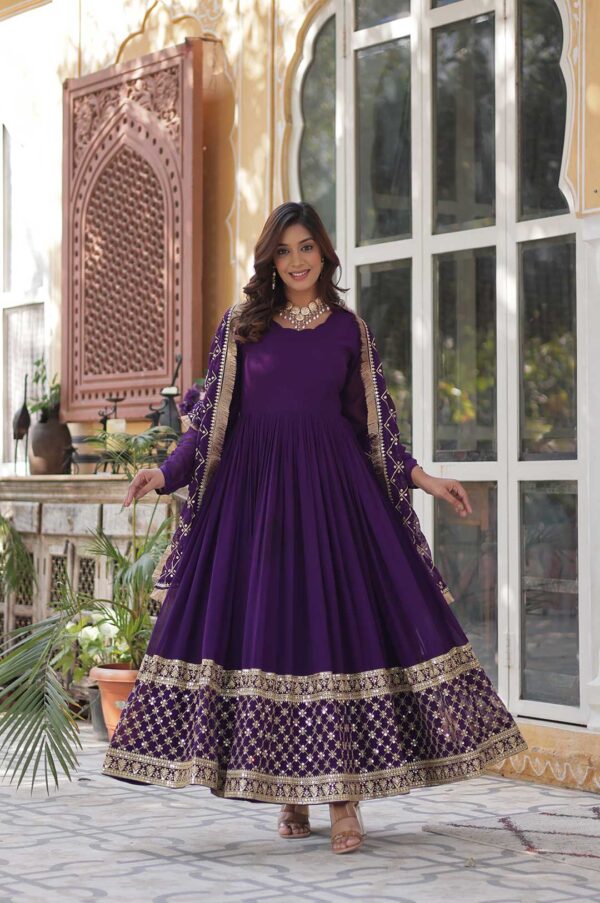 Royal Purple Zari Embroidered Gown with Dupatta – Timeless Glamour