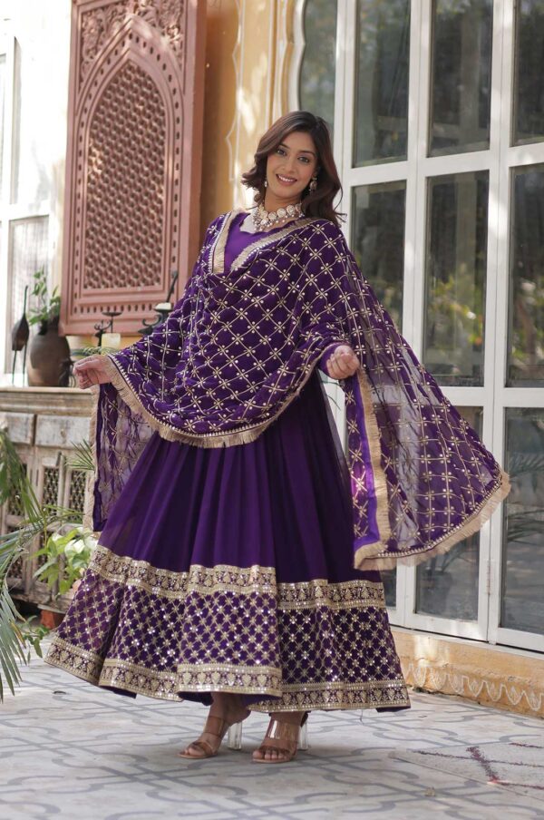 Royal Purple Zari Embroidered Gown with Dupatta – Timeless Glamour
