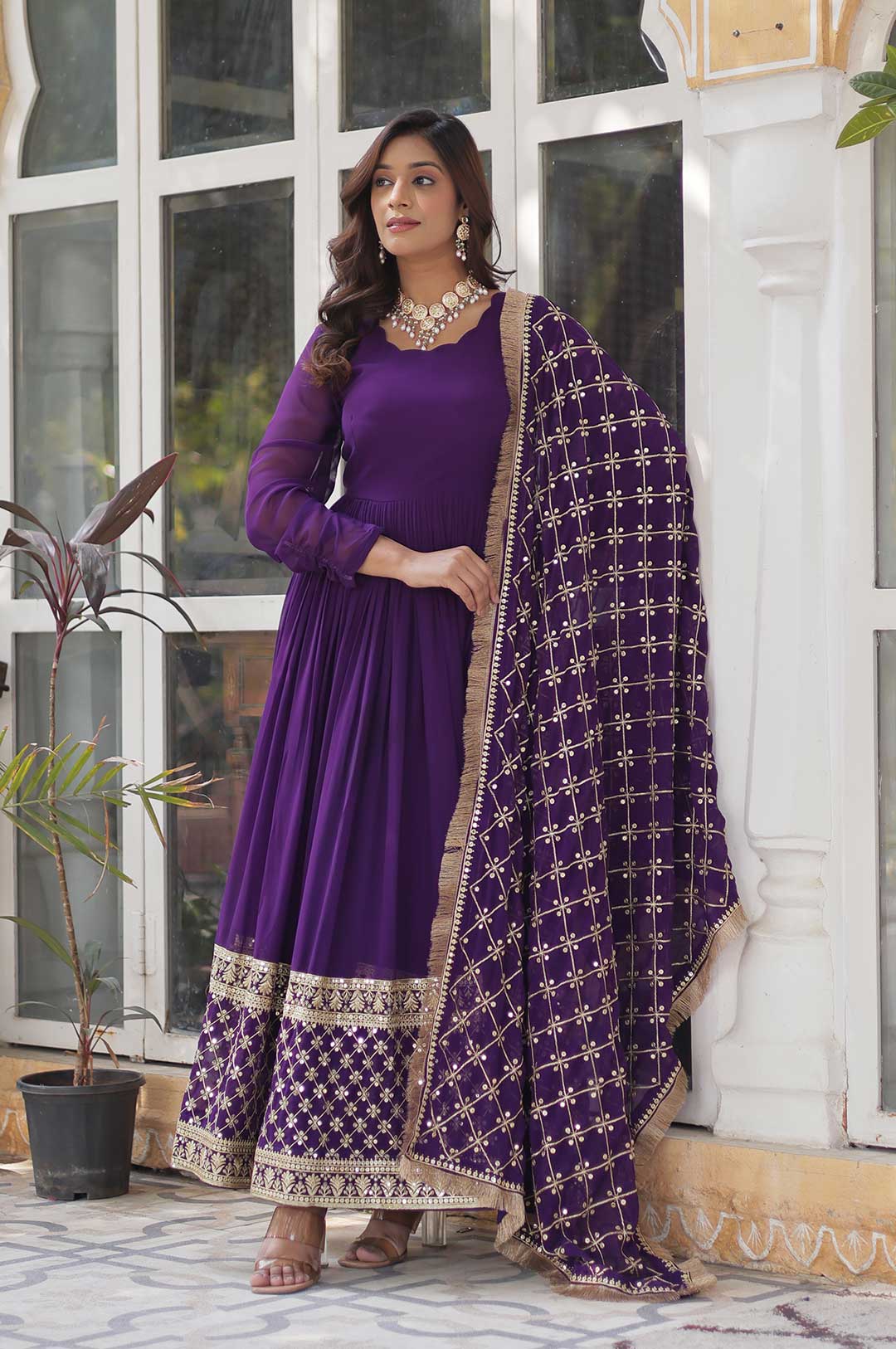 Royal Purple Zari Embroidered Gown with Dupatta – Timeless Glamour