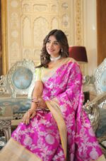 Royal-Radiance-–-Magenta-and-Gold-Kanjivaram-Silk-Saree-with-Zari-Weaving-Work-with-Light-Yellow-Blouse