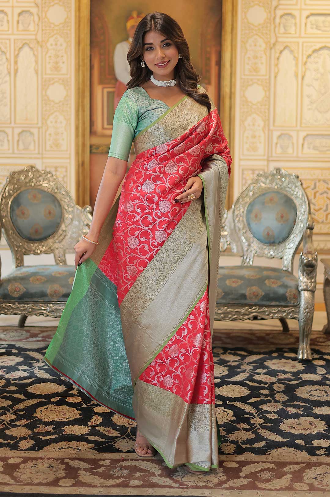 Royal Radiance – Red and Green Kanjivaram Silk Saree with Zari Weaving Work