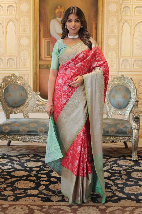 Royal Radiance – Red and Green Kanjivaram Silk Saree with Zari Weaving Work