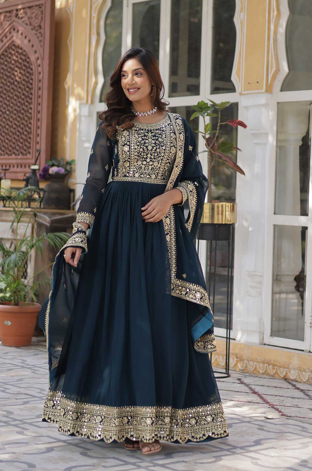 Royal Rama Faux Blooming Gown with Embroidered Dupatta – Embrace Regal Radiance
