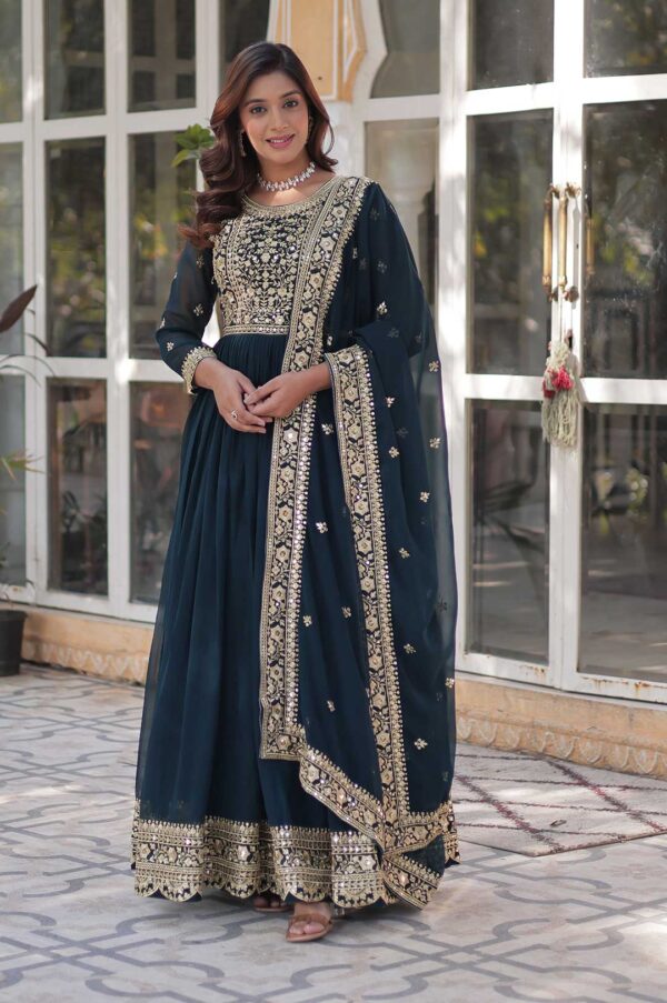 Royal Rama Faux Blooming Gown with Embroidered Dupatta – Embrace Regal Radiance