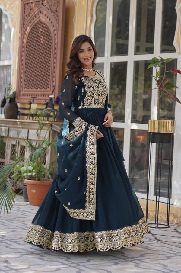 Royal Rama Faux Blooming Gown with Embroidered Dupatta – Embrace Regal Radiance