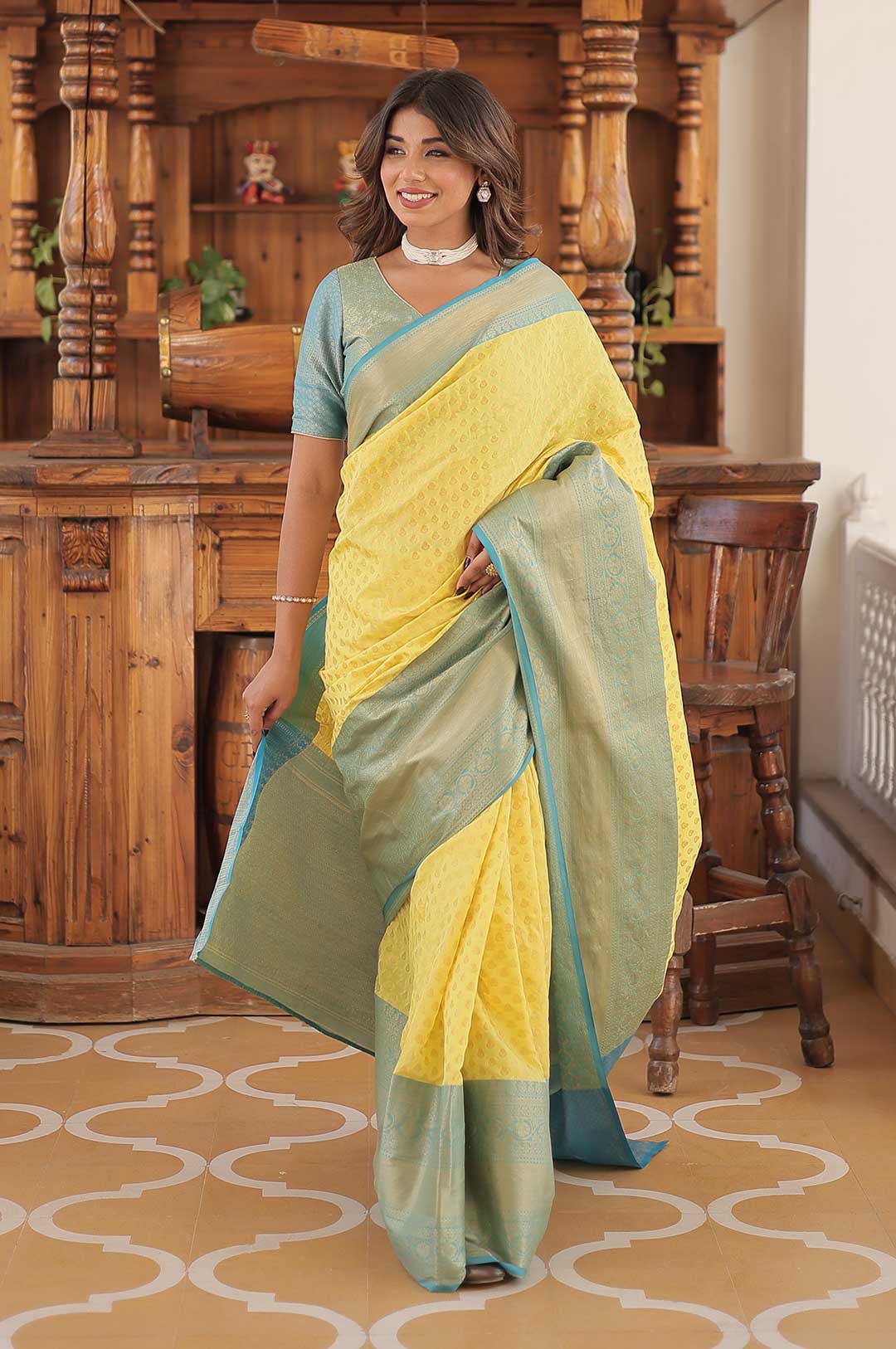 Royal Weaves – Yellow and Blue Kanjivaram Silk Saree with Zari Magic