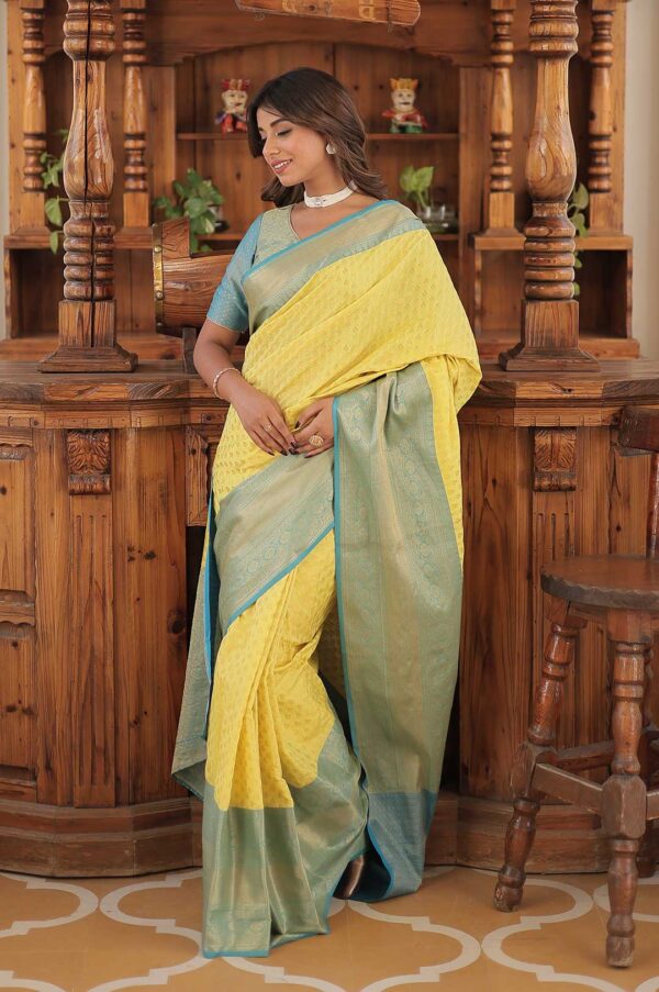 Royal Weaves – Yellow and Blue Kanjivaram Silk Saree with Zari Magic