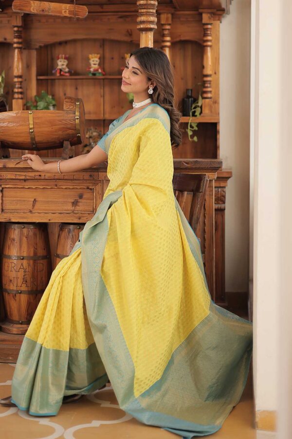 Royal Weaves – Yellow and Blue Kanjivaram Silk Saree with Zari Magic
