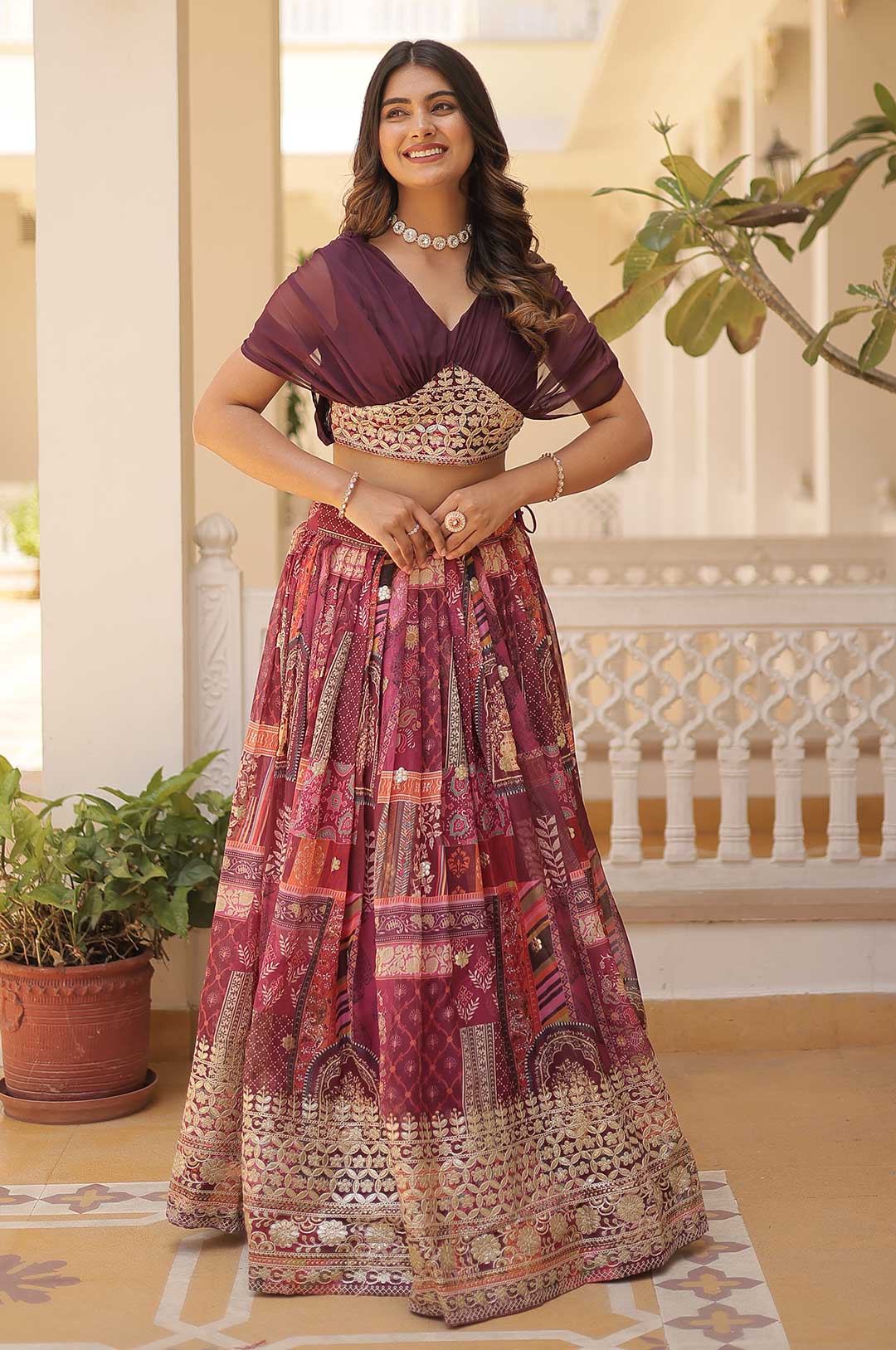 Royal Wine Charm – Russian Silk Foil Embroidered Lehenga Set