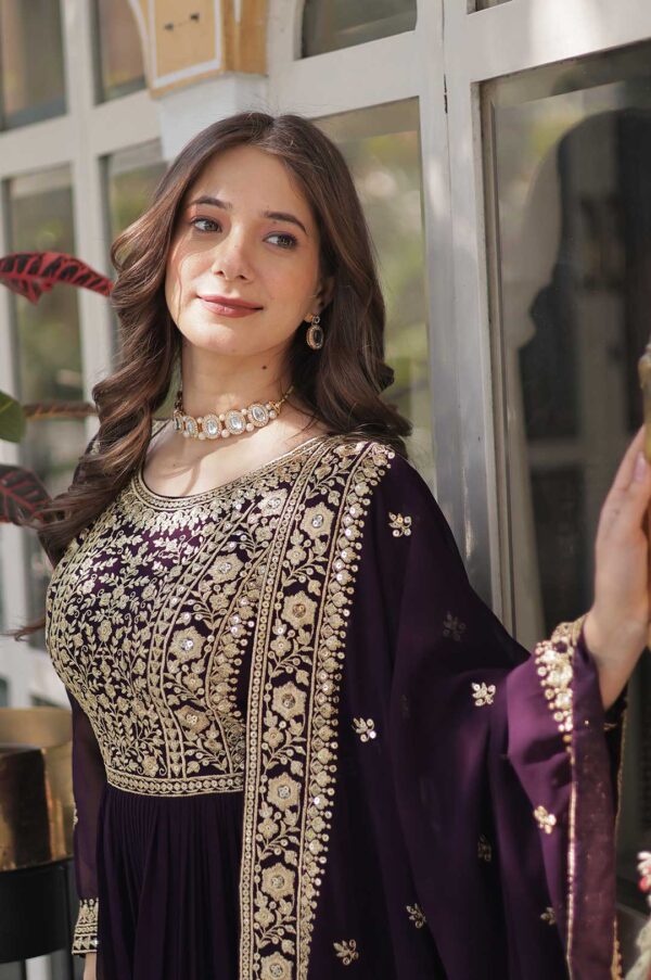 Royal Wine Faux Blooming Gown with Embroidered Dupatta – Embrace Regal Radiance