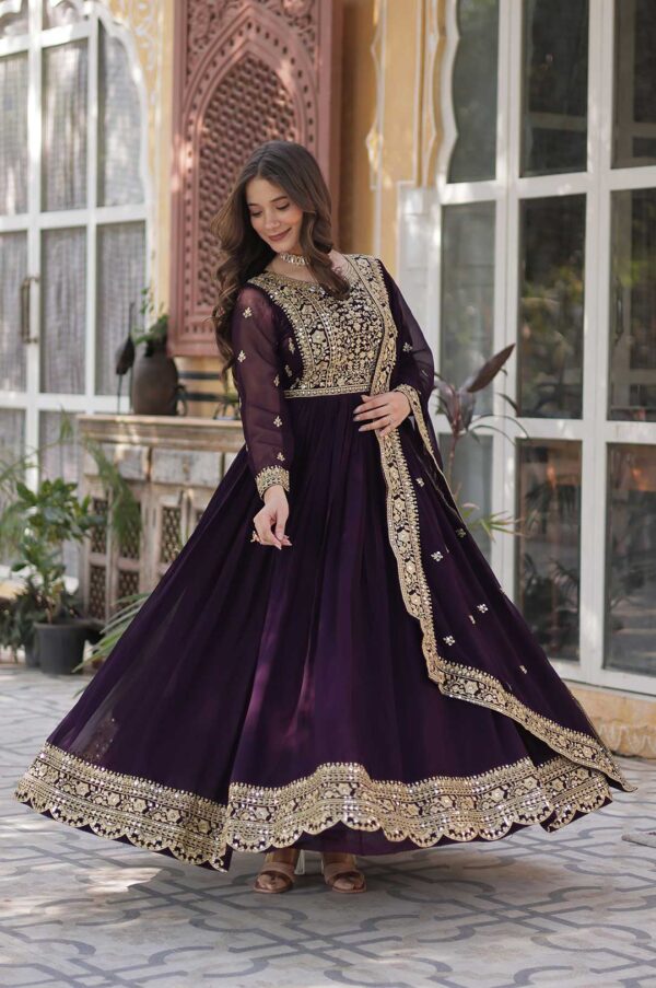 Royal Wine Faux Blooming Gown with Embroidered Dupatta – Embrace Regal Radiance