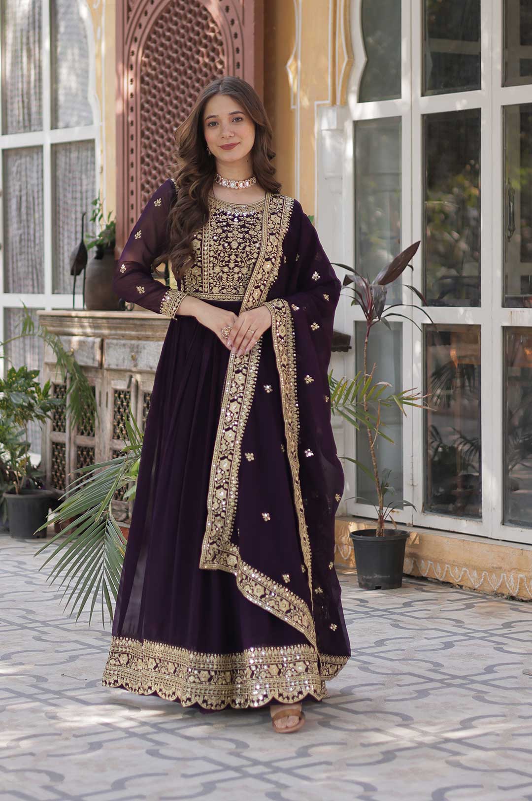 Royal Wine Faux Blooming Gown with Embroidered Dupatta – Embrace Regal Radiance
