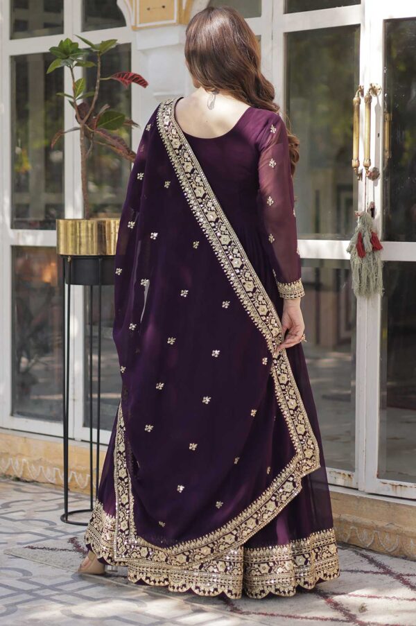 Royal Wine Faux Blooming Gown with Embroidered Dupatta – Embrace Regal Radiance