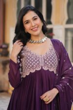 Royal-Wine-Star-Georgette-Gown-with-Beads-&amp;-Sequins-Embroidery