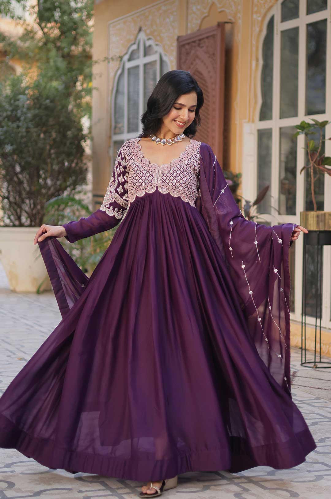 Royal Wine Star Georgette Gown with Beads & Sequins Embroidery
