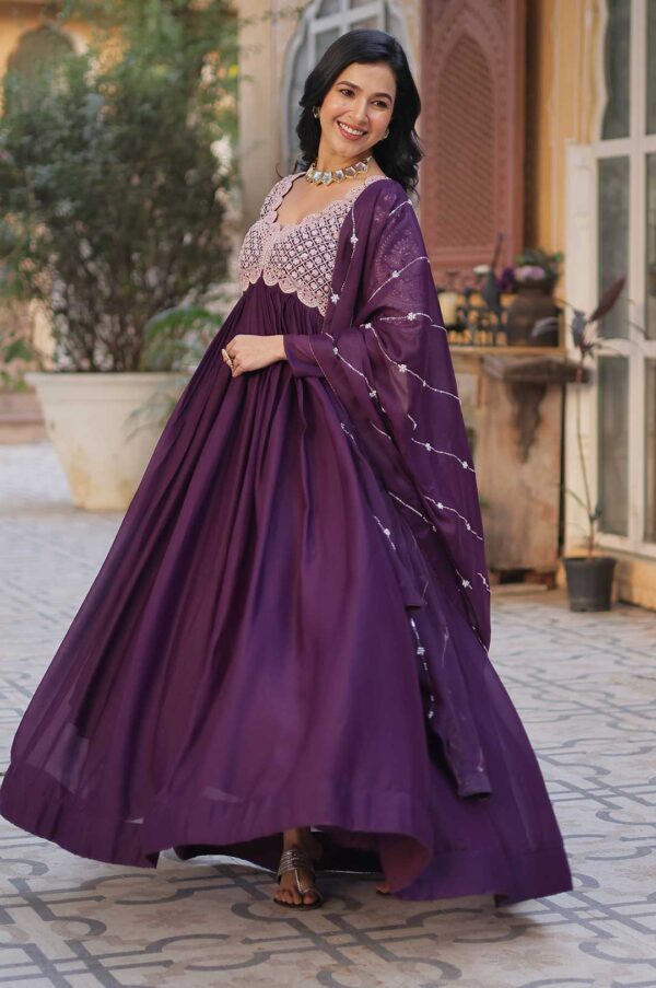 Royal Wine Star Georgette Gown with Beads & Sequins Embroidery