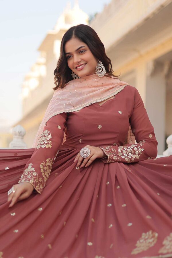 Rust Brown Elegant Embroidered Faux Georgette Gown Set