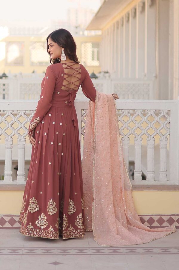 Rust Brown Elegant Embroidered Faux Georgette Gown Set