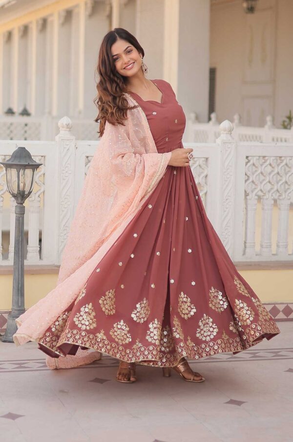 Rust Brown Elegant Embroidered Faux Georgette Gown Set