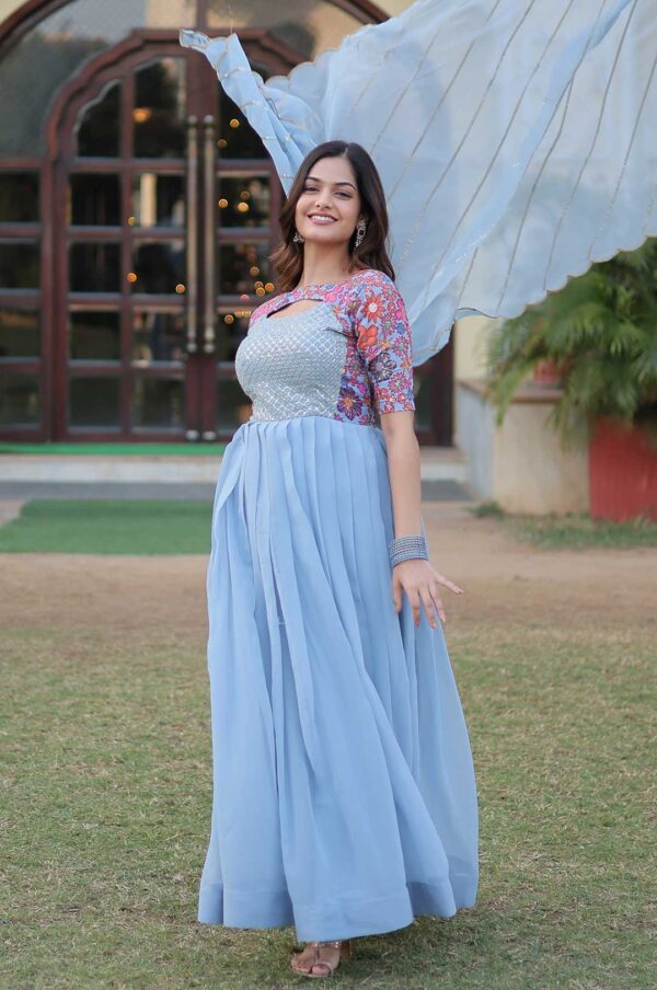 Sky Blue Georgette Gown with Embroidered Bodice and Dupatta