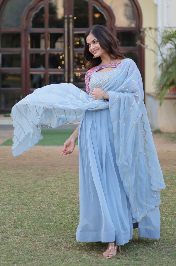 Sky Blue Georgette Gown with Embroidered Bodice and Dupatta