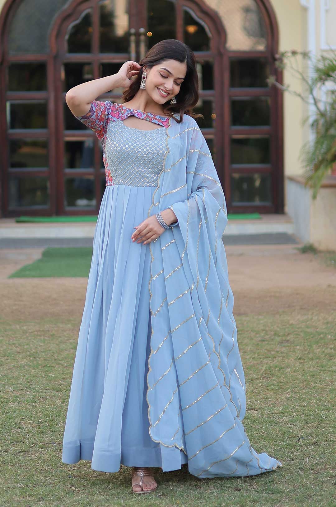 Sky Blue Georgette Gown with Embroidered Bodice and Dupatta