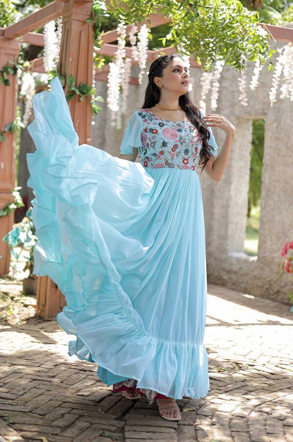 Sky Blue Georgette Gown with Floral Embroidered Bodice and Tiered Ruffle Hem